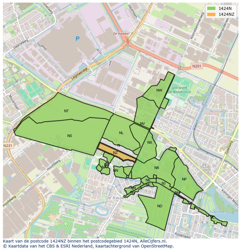Afbeelding van het postcodegebied 1424 NZ op de kaart.
