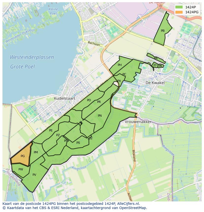 Afbeelding van het postcodegebied 1424 PG op de kaart.