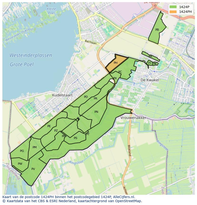 Afbeelding van het postcodegebied 1424 PH op de kaart.