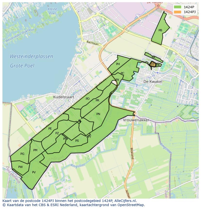 Afbeelding van het postcodegebied 1424 PJ op de kaart.