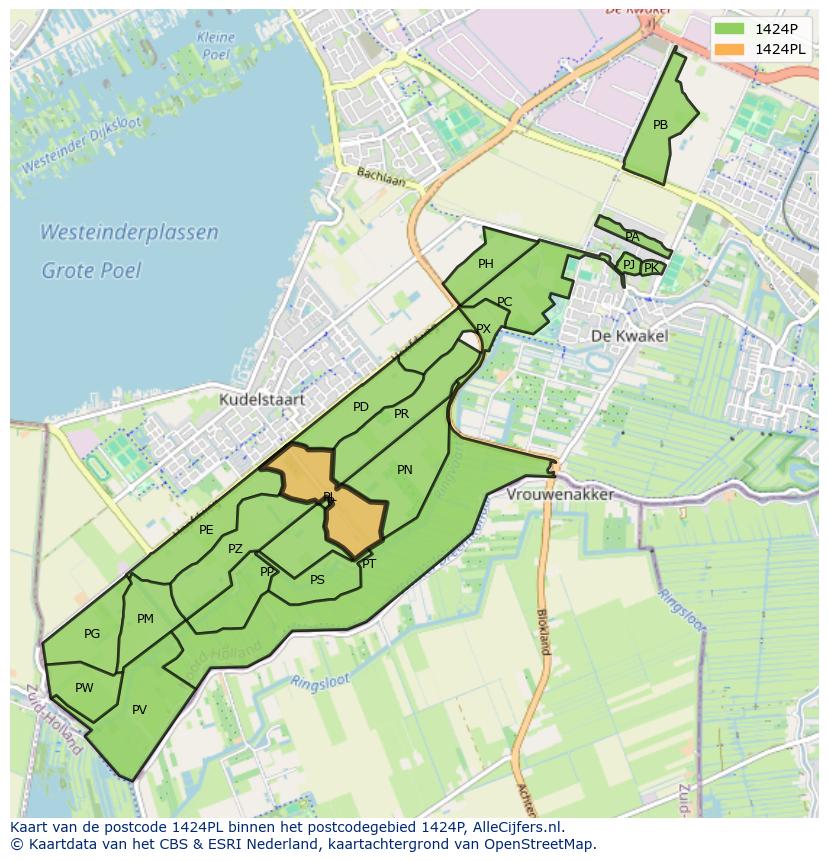 Afbeelding van het postcodegebied 1424 PL op de kaart.