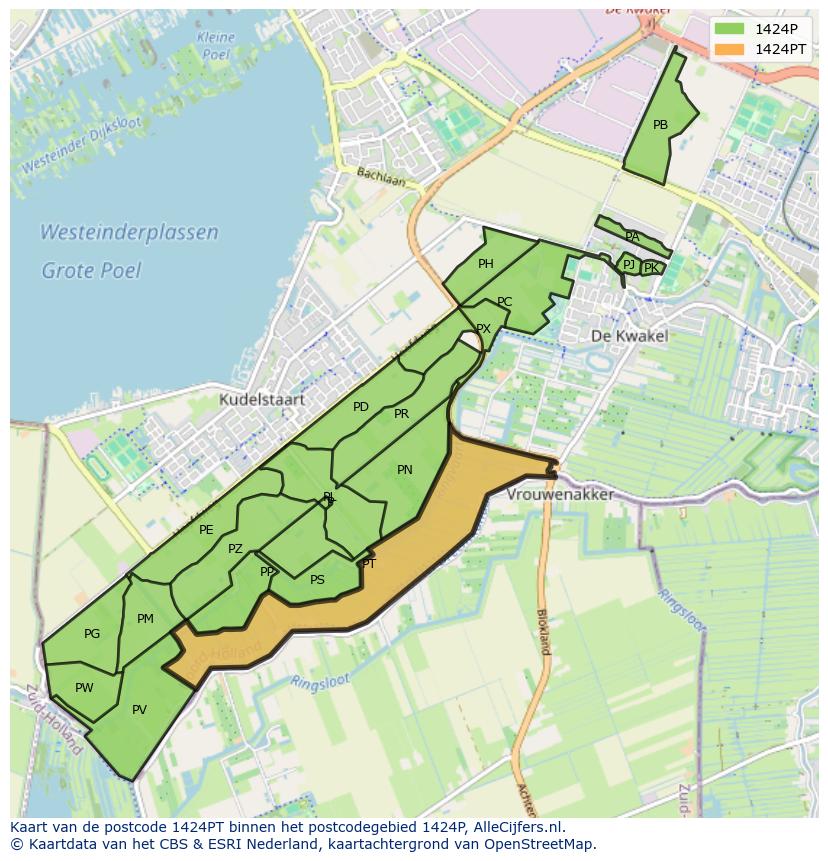 Afbeelding van het postcodegebied 1424 PT op de kaart.