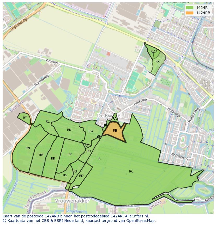 Afbeelding van het postcodegebied 1424 RB op de kaart.