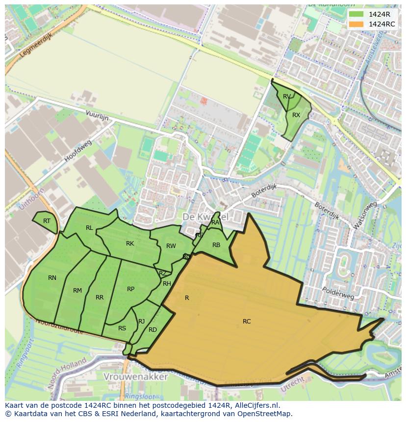 Afbeelding van het postcodegebied 1424 RC op de kaart.