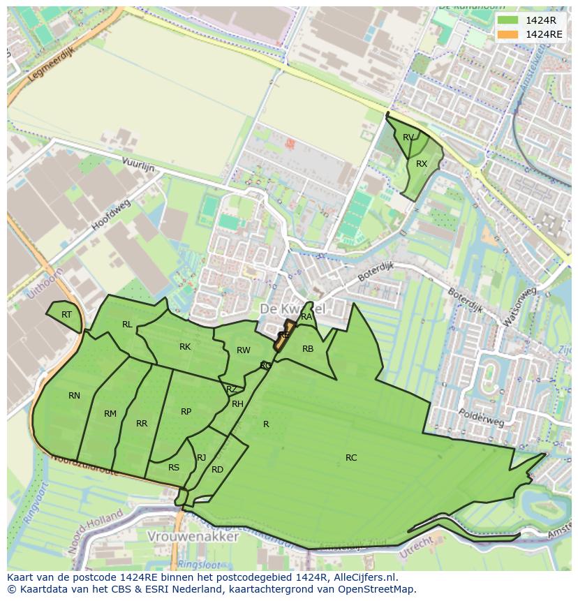 Afbeelding van het postcodegebied 1424 RE op de kaart.