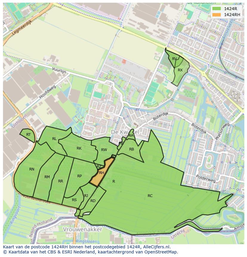 Afbeelding van het postcodegebied 1424 RH op de kaart.