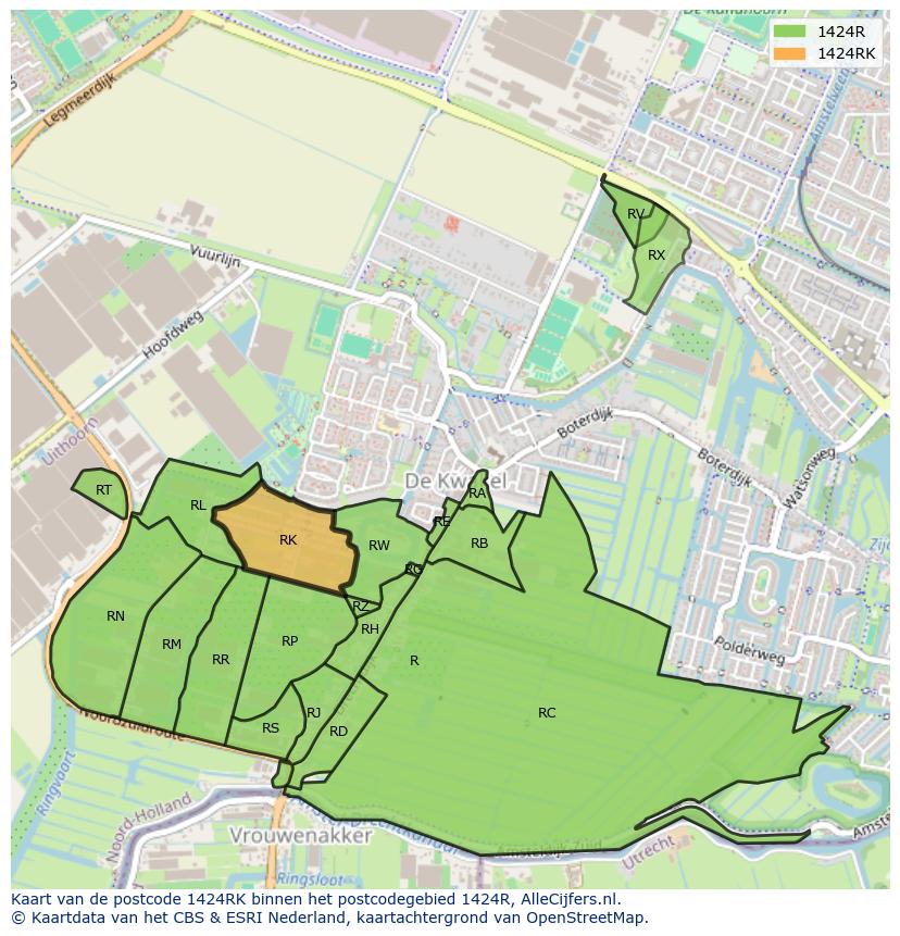 Afbeelding van het postcodegebied 1424 RK op de kaart.