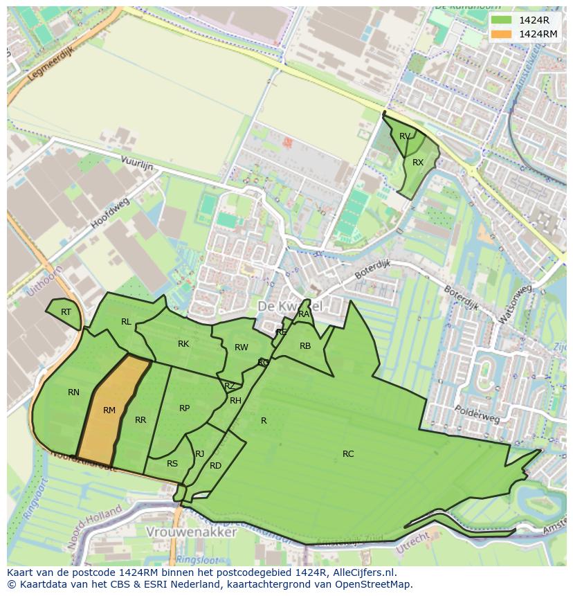 Afbeelding van het postcodegebied 1424 RM op de kaart.