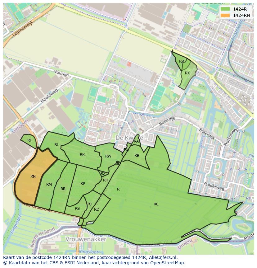 Afbeelding van het postcodegebied 1424 RN op de kaart.