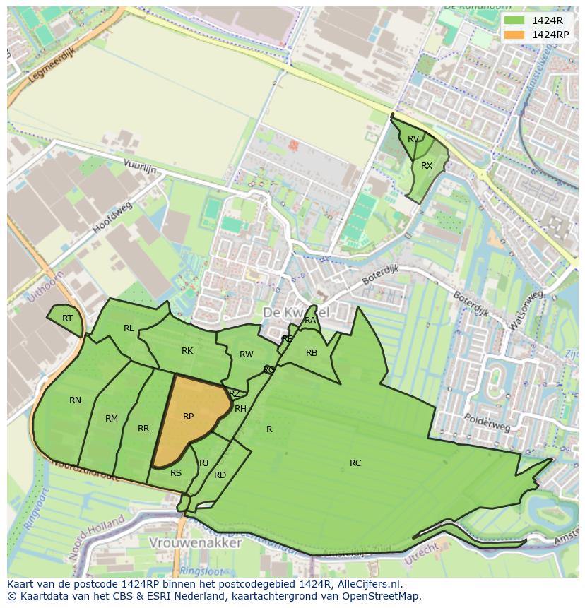 Afbeelding van het postcodegebied 1424 RP op de kaart.