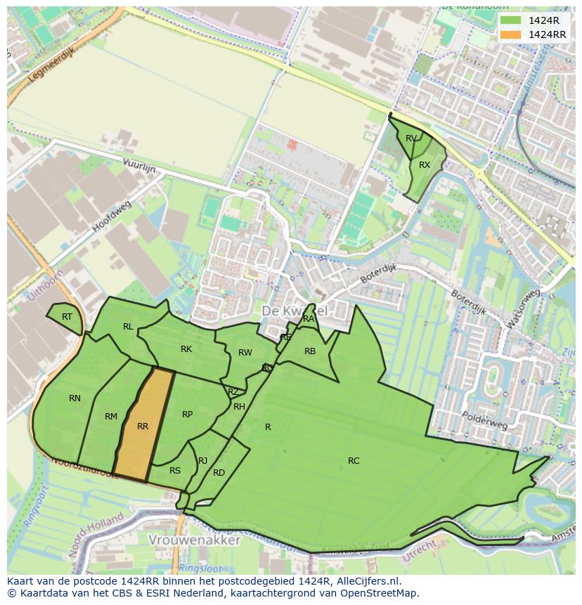 Afbeelding van het postcodegebied 1424 RR op de kaart.