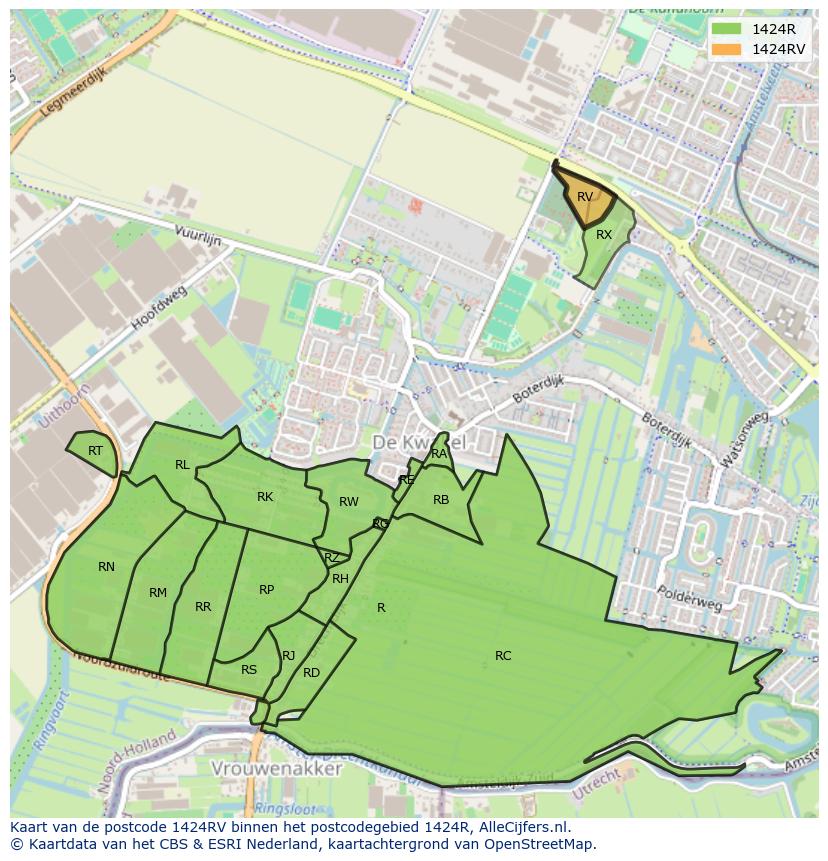 Afbeelding van het postcodegebied 1424 RV op de kaart.