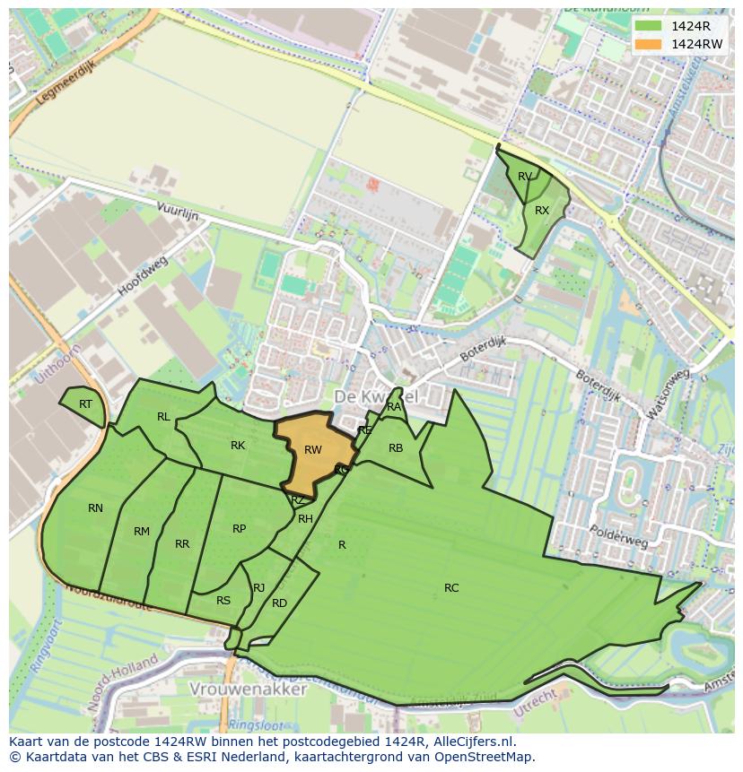 Afbeelding van het postcodegebied 1424 RW op de kaart.