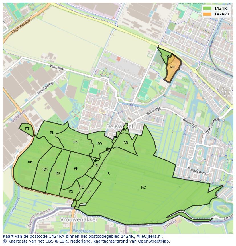 Afbeelding van het postcodegebied 1424 RX op de kaart.