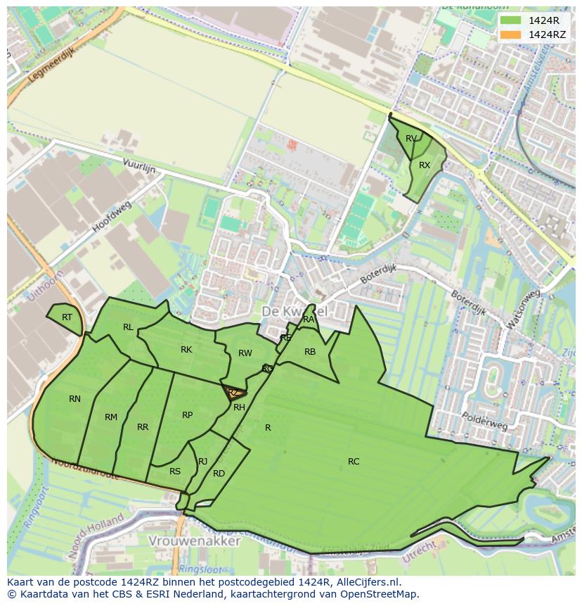 Afbeelding van het postcodegebied 1424 RZ op de kaart.