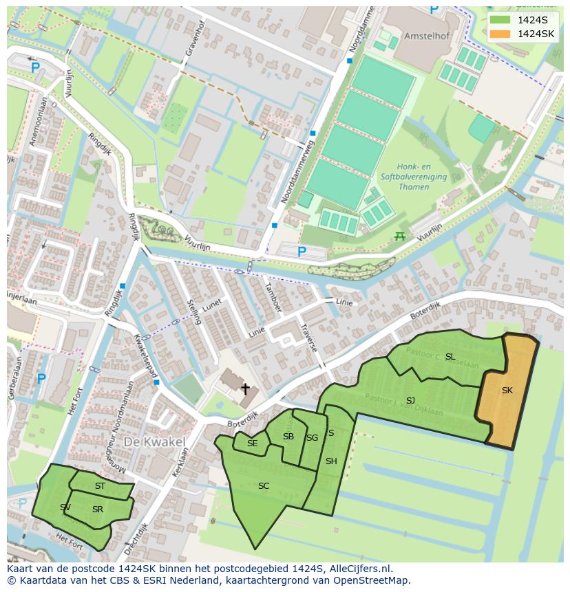 Afbeelding van het postcodegebied 1424 SK op de kaart.