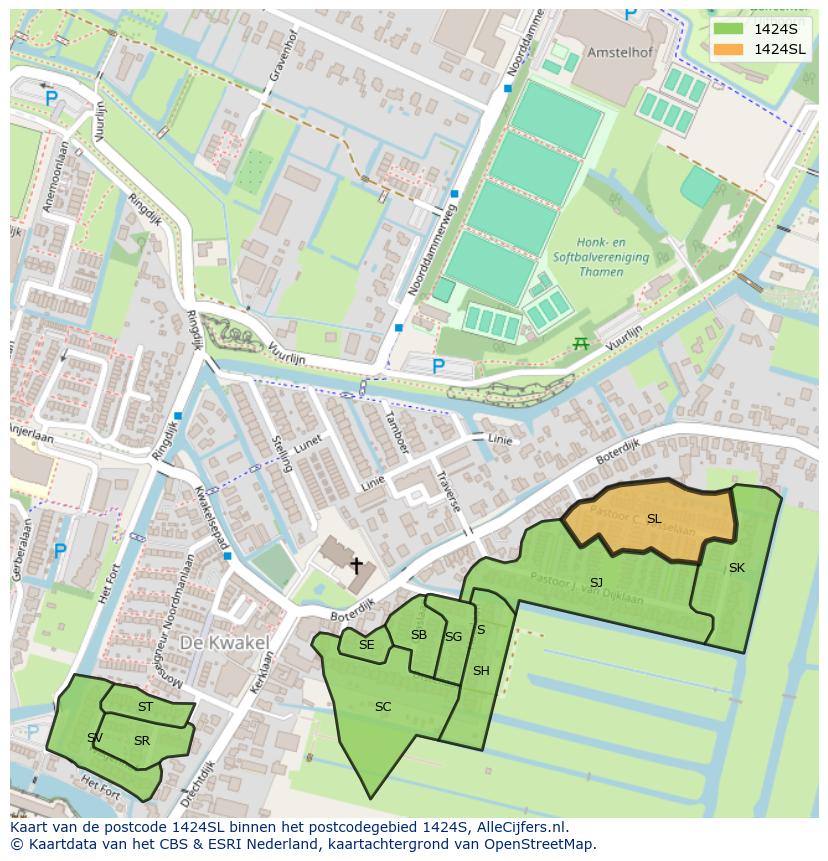 Afbeelding van het postcodegebied 1424 SL op de kaart.