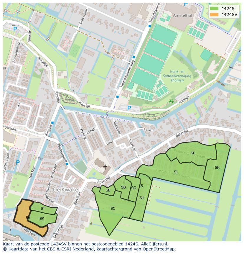 Afbeelding van het postcodegebied 1424 SV op de kaart.