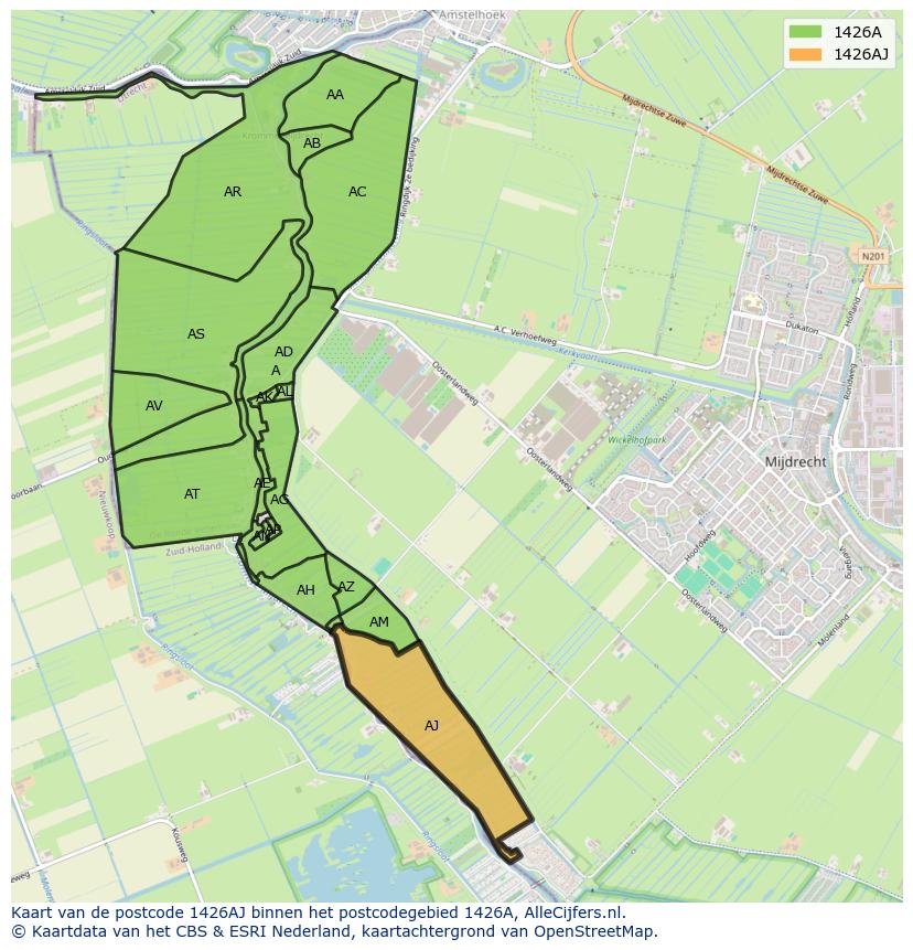 Afbeelding van het postcodegebied 1426 AJ op de kaart.