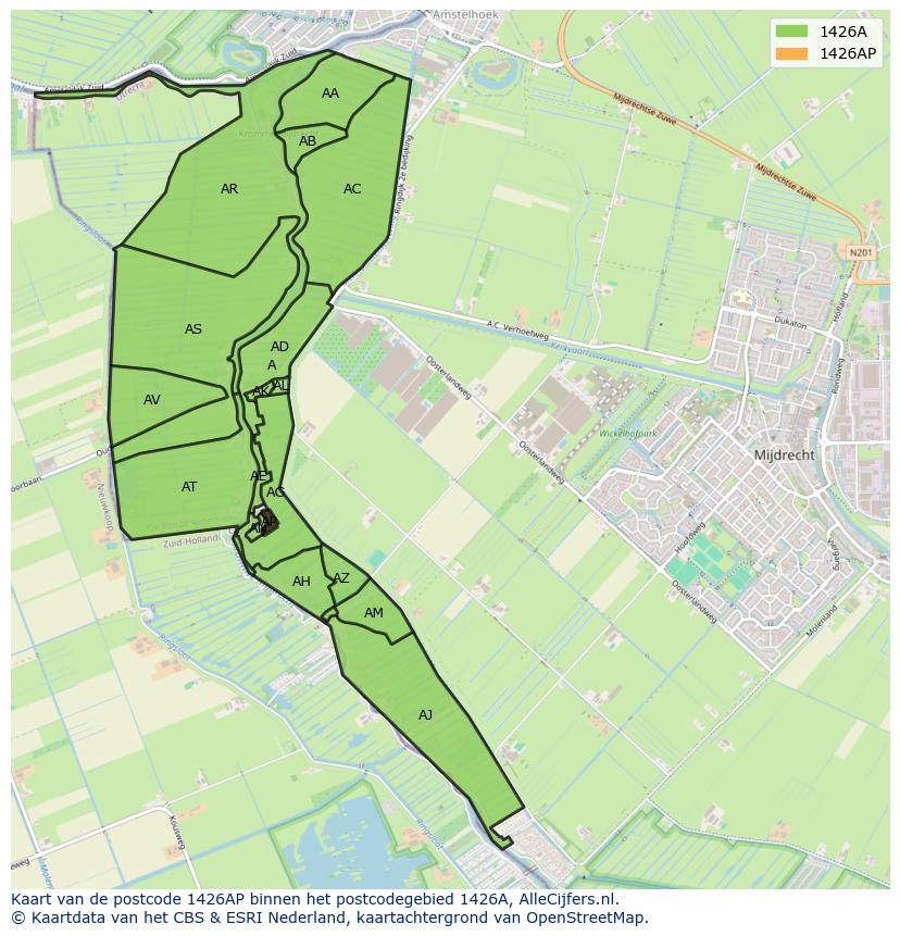 Afbeelding van het postcodegebied 1426 AP op de kaart.