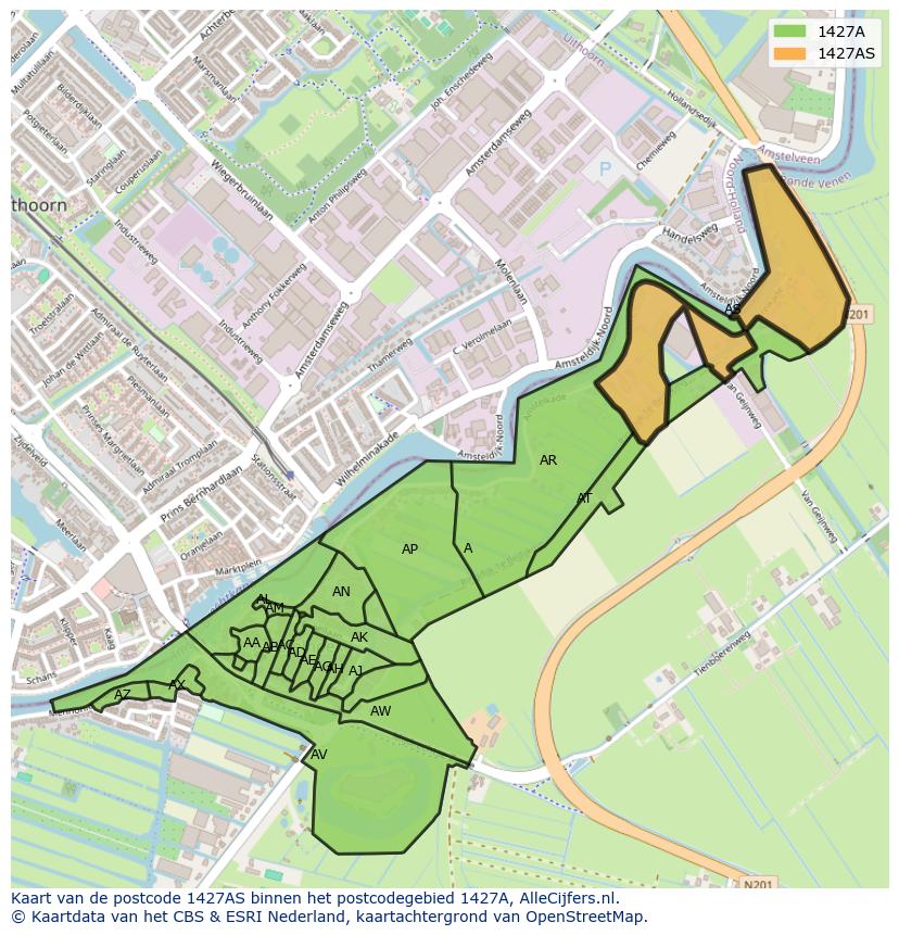 Afbeelding van het postcodegebied 1427 AS op de kaart.