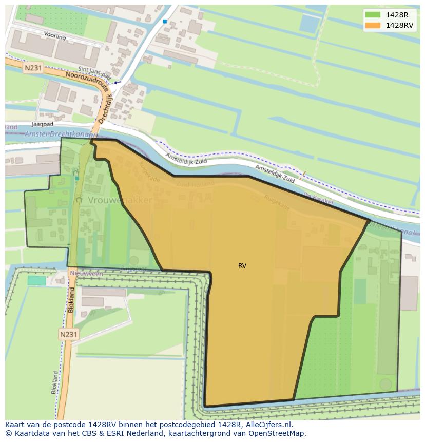 Afbeelding van het postcodegebied 1428 RV op de kaart.