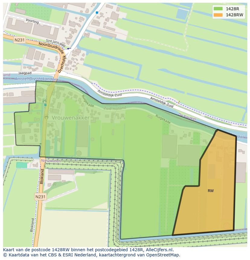 Afbeelding van het postcodegebied 1428 RW op de kaart.