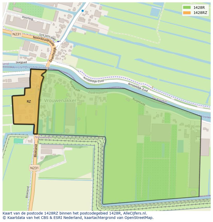 Afbeelding van het postcodegebied 1428 RZ op de kaart.