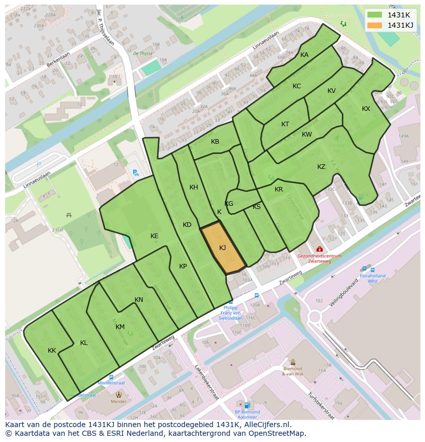 Afbeelding van het postcodegebied 1431 KJ op de kaart.