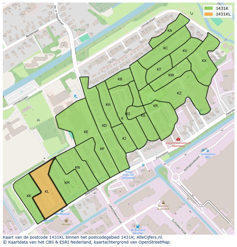 Afbeelding van het postcodegebied 1431 KL op de kaart.