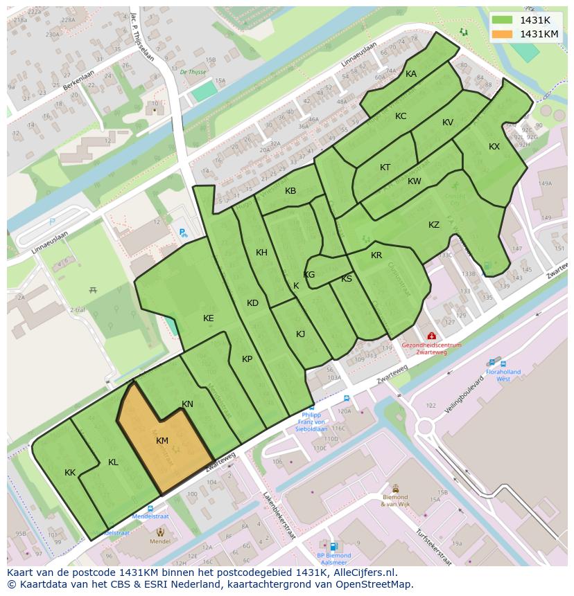 Afbeelding van het postcodegebied 1431 KM op de kaart.