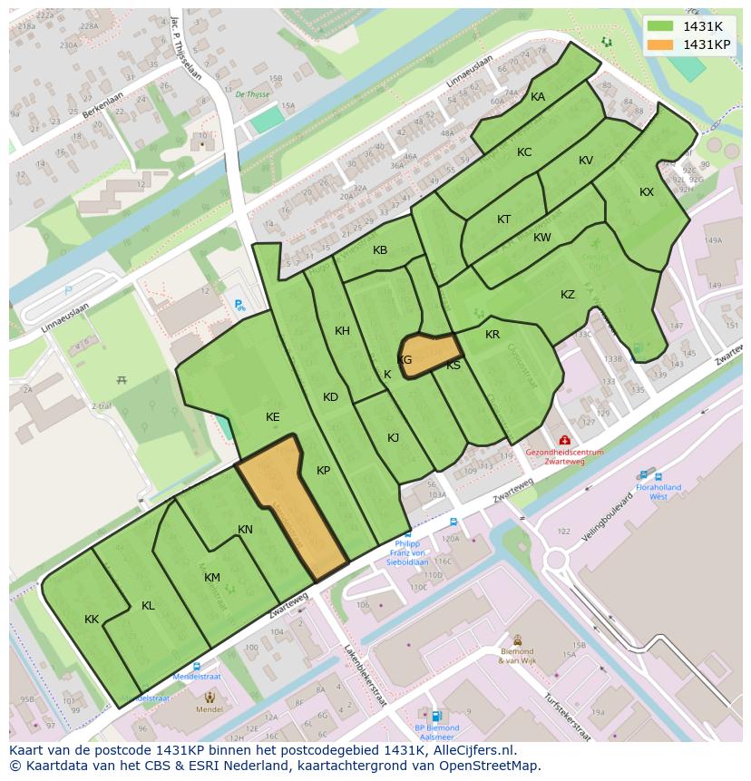 Afbeelding van het postcodegebied 1431 KP op de kaart.