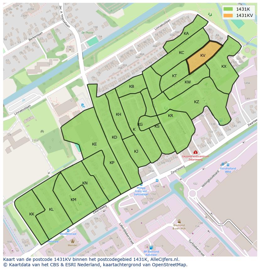 Afbeelding van het postcodegebied 1431 KV op de kaart.