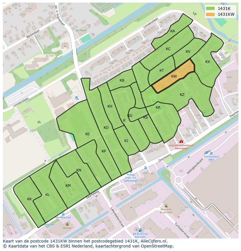 Afbeelding van het postcodegebied 1431 KW op de kaart.