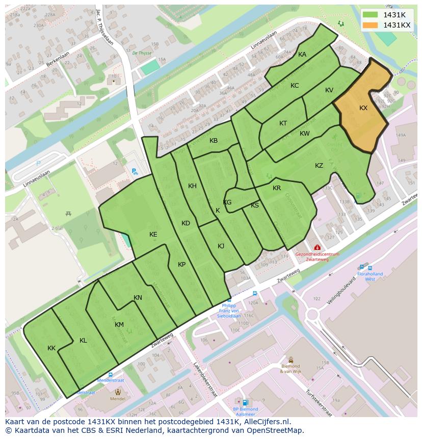 Afbeelding van het postcodegebied 1431 KX op de kaart.