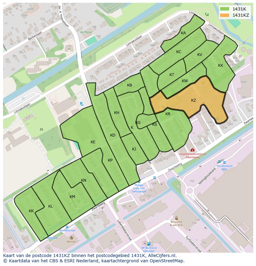 Afbeelding van het postcodegebied 1431 KZ op de kaart.