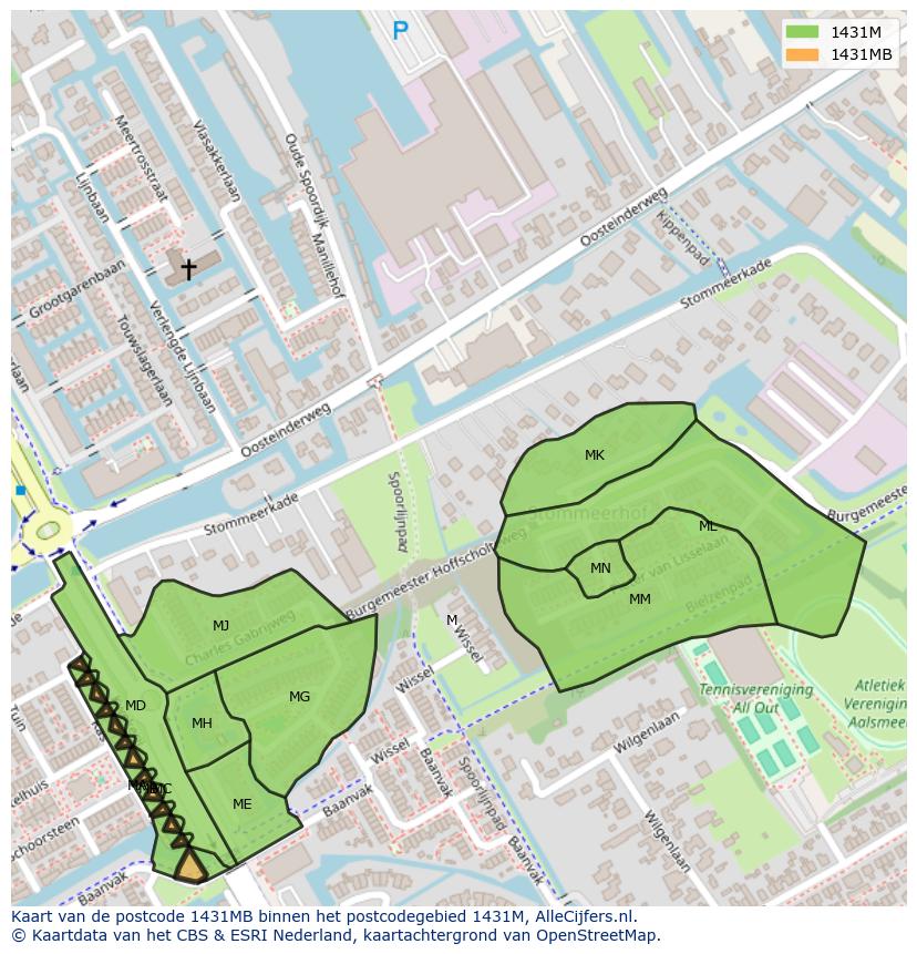 Afbeelding van het postcodegebied 1431 MB op de kaart.