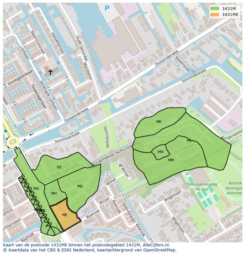 Afbeelding van het postcodegebied 1431 ME op de kaart.