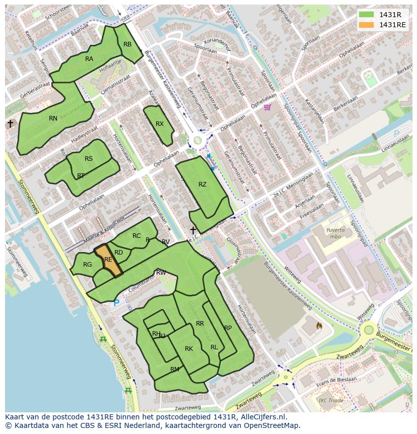 Afbeelding van het postcodegebied 1431 RE op de kaart.