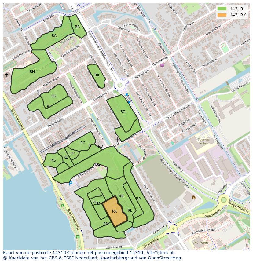 Afbeelding van het postcodegebied 1431 RK op de kaart.