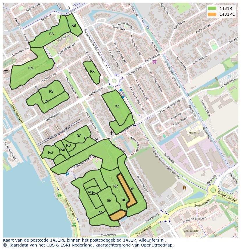 Afbeelding van het postcodegebied 1431 RL op de kaart.