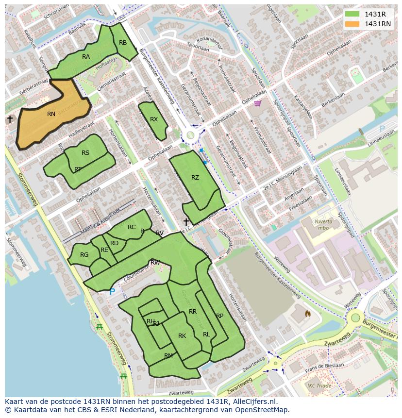 Afbeelding van het postcodegebied 1431 RN op de kaart.