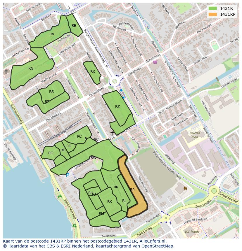Afbeelding van het postcodegebied 1431 RP op de kaart.