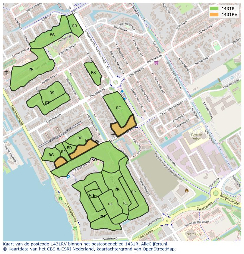 Afbeelding van het postcodegebied 1431 RV op de kaart.