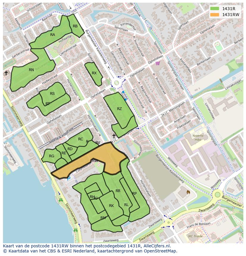 Afbeelding van het postcodegebied 1431 RW op de kaart.