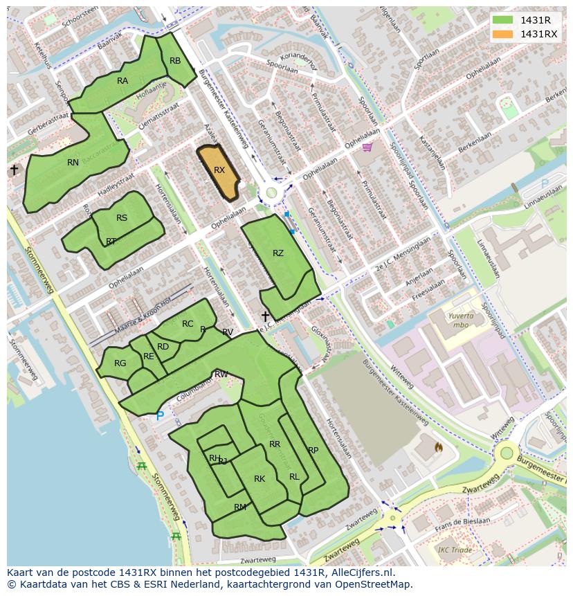 Afbeelding van het postcodegebied 1431 RX op de kaart.