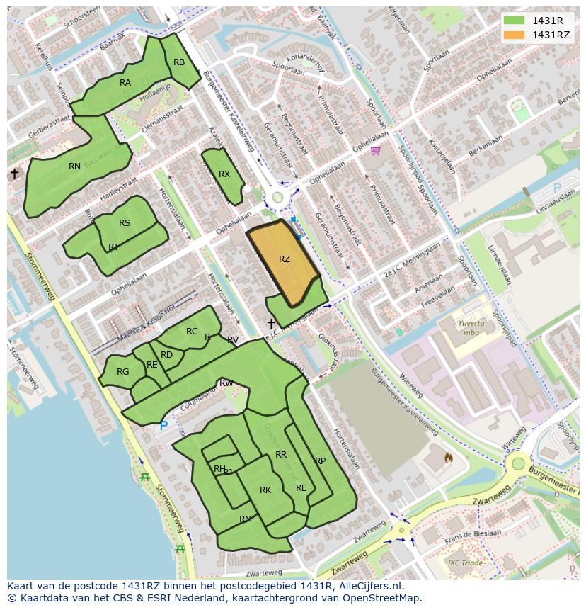 Afbeelding van het postcodegebied 1431 RZ op de kaart.