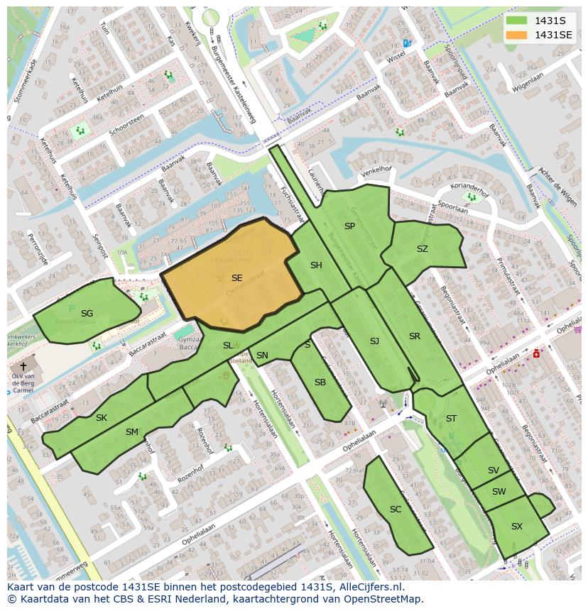 Afbeelding van het postcodegebied 1431 SE op de kaart.