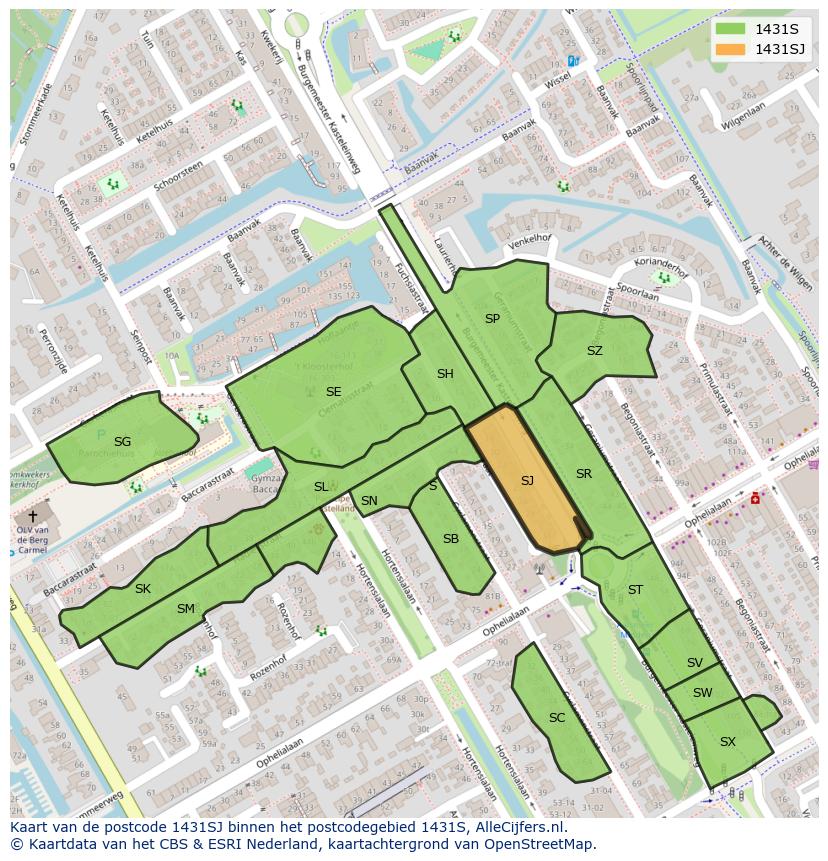Afbeelding van het postcodegebied 1431 SJ op de kaart.