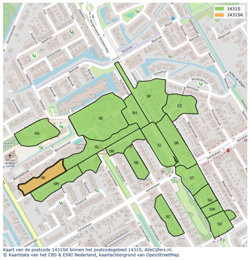 Afbeelding van het postcodegebied 1431 SK op de kaart.